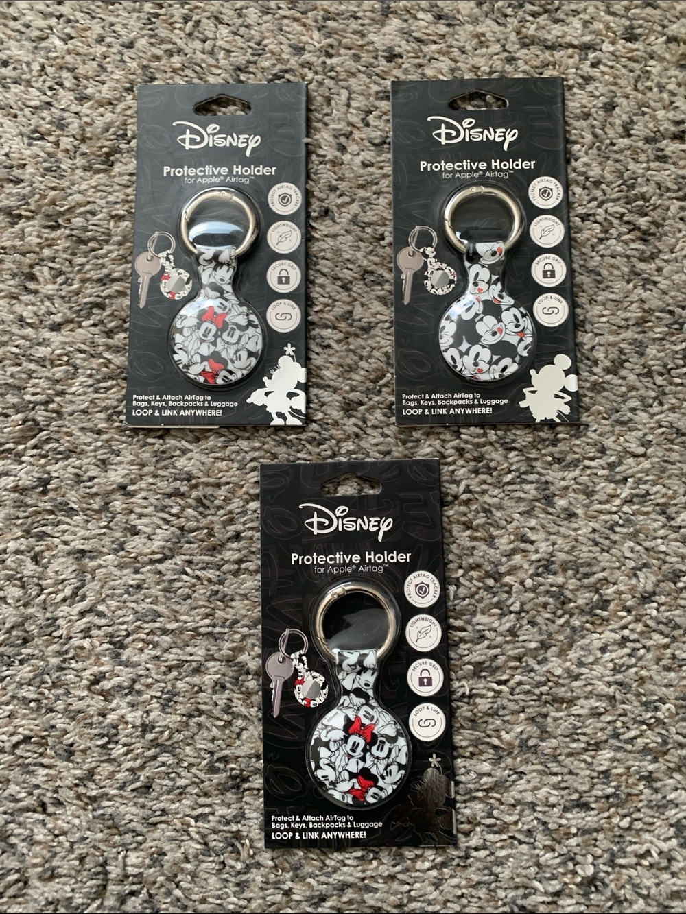 Lot of 3 Disney Minnie & Mickey Black Protective AirTag Holder with Keyring